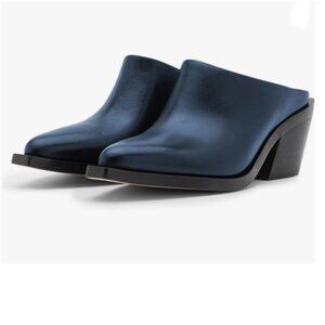 YDN Navy Mules Slip On Slippers Chunky Heels Closed Pointed Toe Shoes Party